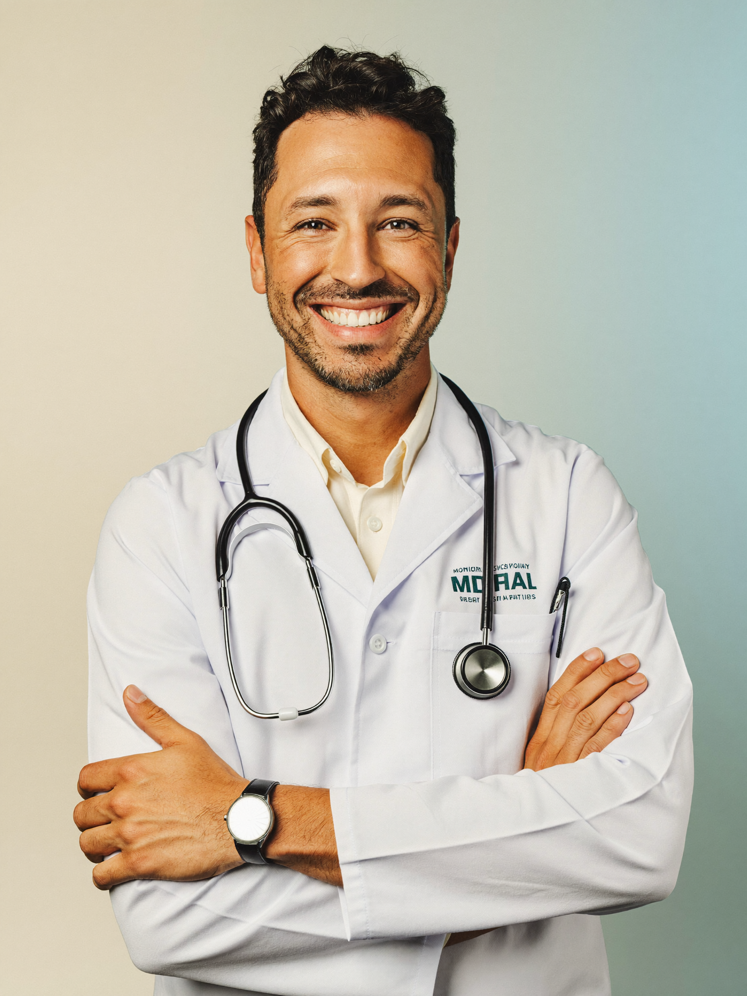 Médico sonriendo con bata y estetoscopio, listo para atender a sus pacientes